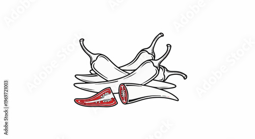 Hand-drawn illustration of spicy chili peppers, some whole and one cut open