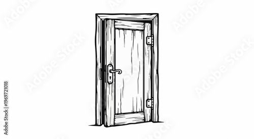 Hand-drawn illustration of an old wooden door, slightly ajar