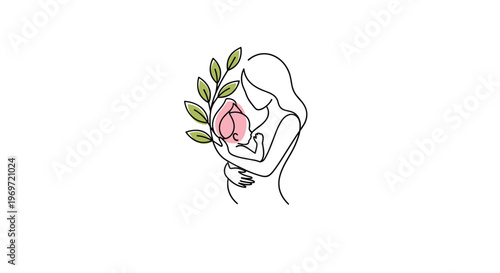 Simple line art drawing of a mother holding her baby with a leafy branch symbolizing motherhood, care, and natural love.