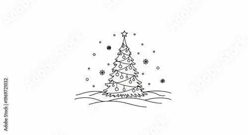 Hand-drawn outline of a festive Christmas tree adorned with lights, amidst falling snowflakes