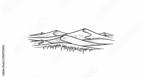 Hand-drawn sketch of rolling sand dunes under a bright sky