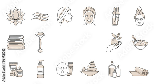 Collection of skincare and spa icons showing facial masks, lotions, candles, and lotus flowers for beauty and wellness.
