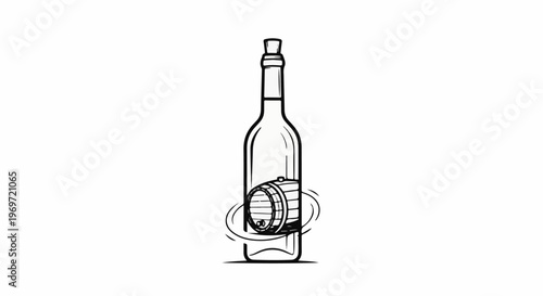 Hand-drawn wine bottle containing a small wooden barrel with swirling lines