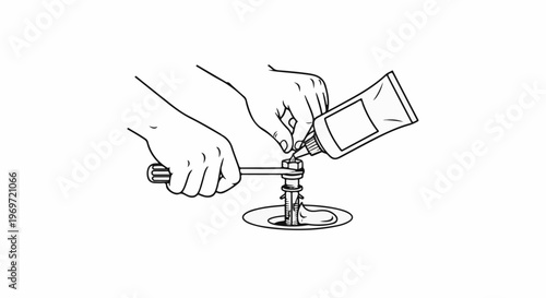 Hands applying sealant to a threaded fixture with a wrench and tube