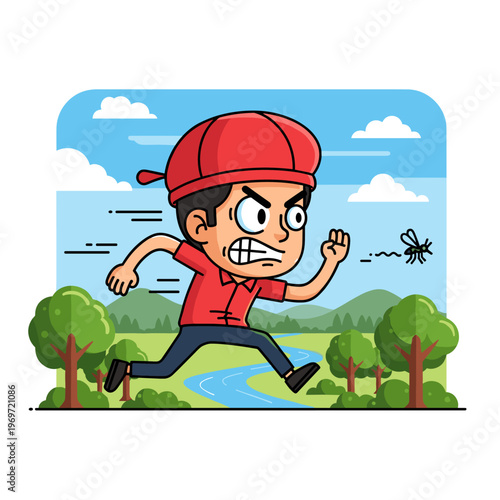 Angry Boy in Red Cap Chasing Fly Cartoon Illustration