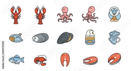Diverse selection of seafood icons including lobster, octopus, fish, mussels, and salmon steaks for menu or shop design.