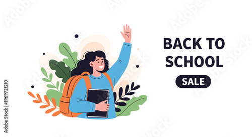 Cheerful school girl with an orange backpack waves her hand for a back to school sale advertisement with leafy backgrounds.
