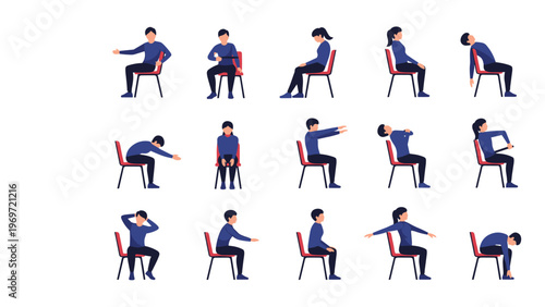 Comprehensive series of illustrations demonstrating various office stretches and physical exercises performed while seated on a standard chair.