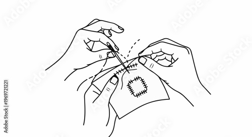 Hands sewing a square patch onto fabric with needle and thread