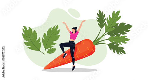 Happy woman in athletic wear celebrates healthy lifestyle by jumping over a giant carrot with green leaves for nutrition.