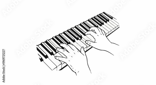 Hands playing a piano keyboard, a black and white line drawing illustration