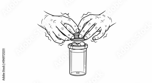 Hands struggle to open medicine bottle with pills
