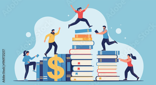Group of students work together to climb stacks of books and reach a financial goal symbolized by a large dollar sign.