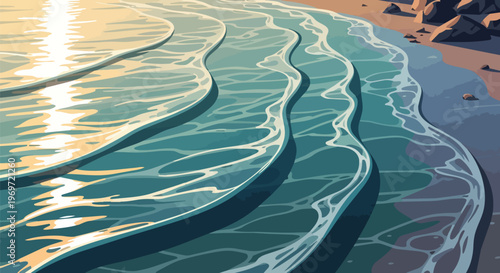 Stylized Digital Illustration of Gentle Ocean Waves Rolling onto a Sandy Beach at Sunset