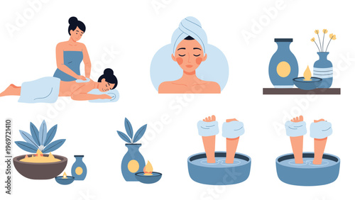 Assorted collection of spa and wellness illustrations featuring scenes of back massage, relaxing foot soaks, facial care, and aromatic products.