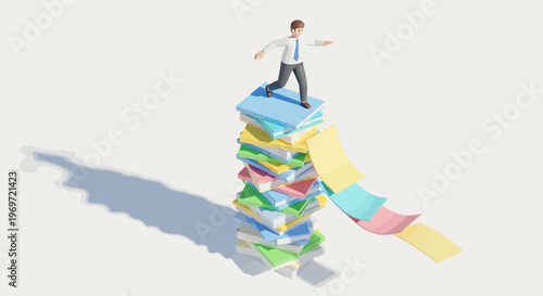 Businessman standing atop a precarious stack of colorful documents, navigating a paper slide.