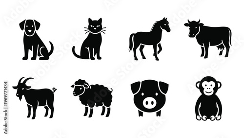 A collection of farm and domestic animals depicted in simple black shapes creating a striking silhouette high quality professional detailed modern