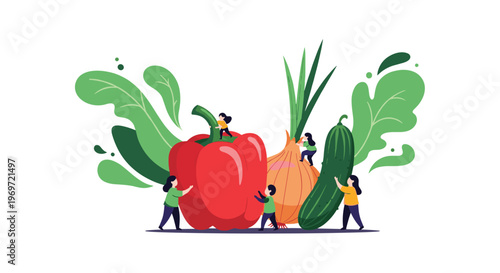 Group of tiny people working together to move and organize giant healthy vegetables like red bell pepper, cucumber, and onion in a creative concept.