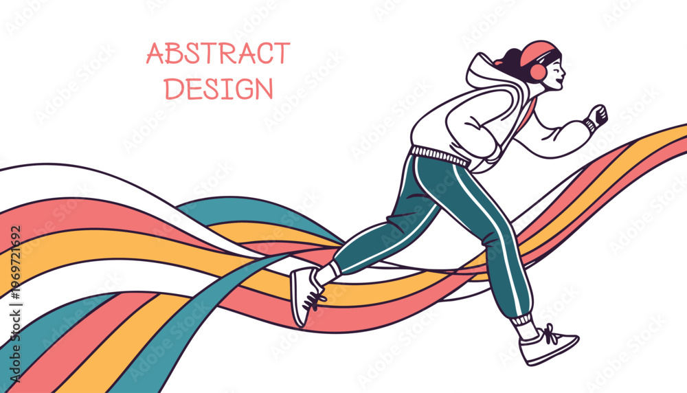 Fototapeta premium Dynamic Running Man with Stylish Sneakers and Abstract Wave Background Illustration