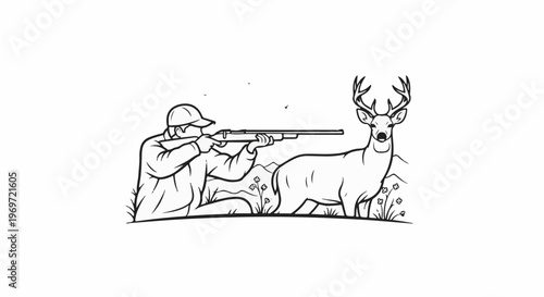 Hunter with rifle aims at a deer in a natural setting with flora