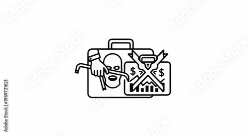 Icon of a briefcase with a masked figure, crowbar, and financial graph