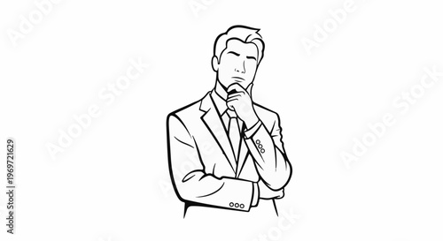 Line art of a man in a suit with hand on chin