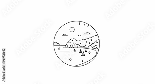 Minimalist coastal scene with sailboats under a sunlit sky