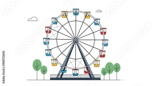 Iconic amusement park Ferris wheel featuring colorful red, yellow, and blue passenger cars situated in a park with green trees and clouds.