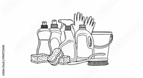 Line drawing of cleaning supplies, including bottles, sponges, gloves, brush and bucket