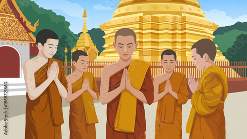 Buddhist monks praying together in front of golden temple with mountain background