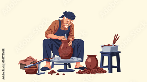 Skilled elderly craftsman focused on shaping a decorative ceramic vase while working at a traditional pottery wheel in his creative workshop.