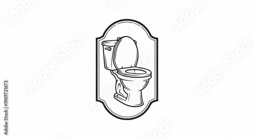 Line drawing of an open toilet within a decorative shield-like frame