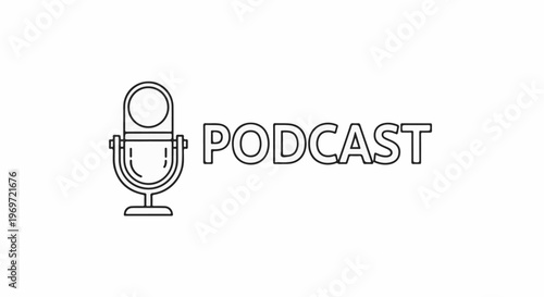 Line art of a microphone with the word podcast