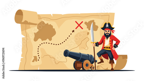 Classic pirate character standing heroically with a sword and cannon in front of a large parchment map marked with a red X for treasure.