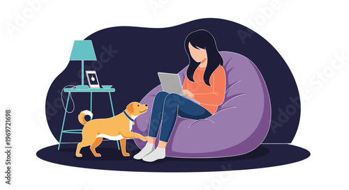 Focused young woman working on her laptop while sitting in a comfortable bean bag chair at home with her loyal pet dog by her side in the evening.