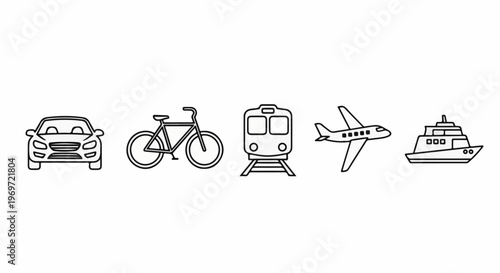 Icons of transportation car, bicycle, train, airplane, and boat