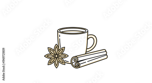 Warm and cozy drawing of a white ceramic mug filled with tea or coffee accompanied by aromatic cinnamon sticks and a star anise spice for flavor.