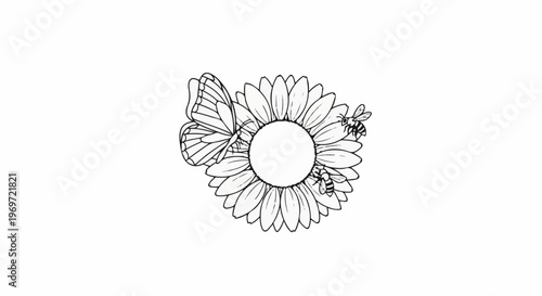 Line art of a sunflower with a butterfly and two bees