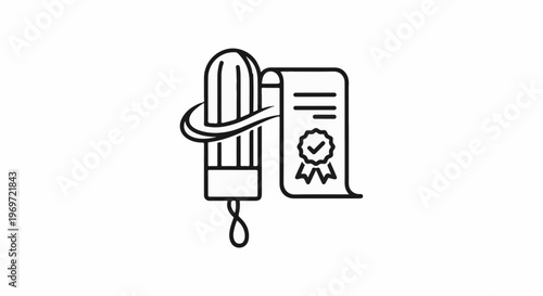 Line art of a tampon with a certification ribbon