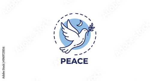 Simple and symbolic peace logo featuring a white dove carrying an olive branch in its beak against a blue circle with a crescent moon and stars.