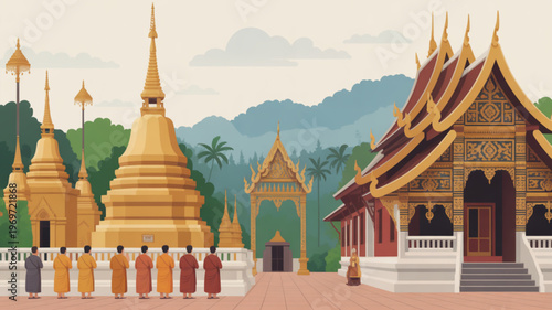Buddhist monks walking towards ancient temple complex with golden stupas and pagodas in serene mountain landscape