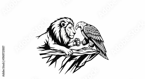 Lion and eagle interact on a rocky outcrop, black and white illustration