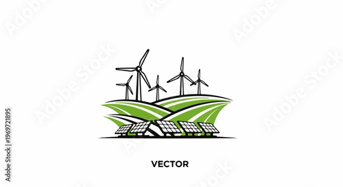 Green energy landscape with wind turbines and solar panels