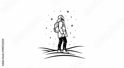 Lone figure in winter snow, looking up at falling flakes