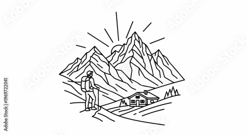 Lone hiker approaches remote mountain cabin as sun rises over peaks