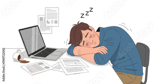 Tired man sleeping at his desk with a laptop and spilled coffee.