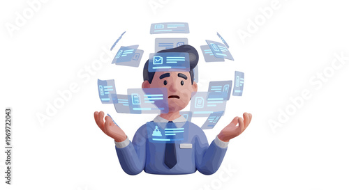 3D Businessman Character Overwhelmed by Data and Information Overload.