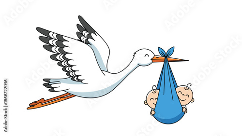 Classic illustration of a graceful white stork flying across the sky while carrying a blue bundle containing twin babies for a new arrival.