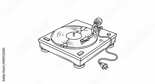 Line art of a vintage record player with a cracked vinyl disk
