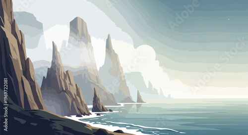 Minimalist Digital Illustration of Jagged Coastal Cliffs and Calm Ocean